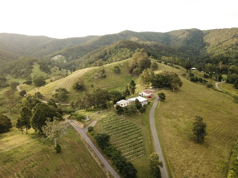 Aerial view of Mackenzie Creek Homestead and the surrounding ridges
